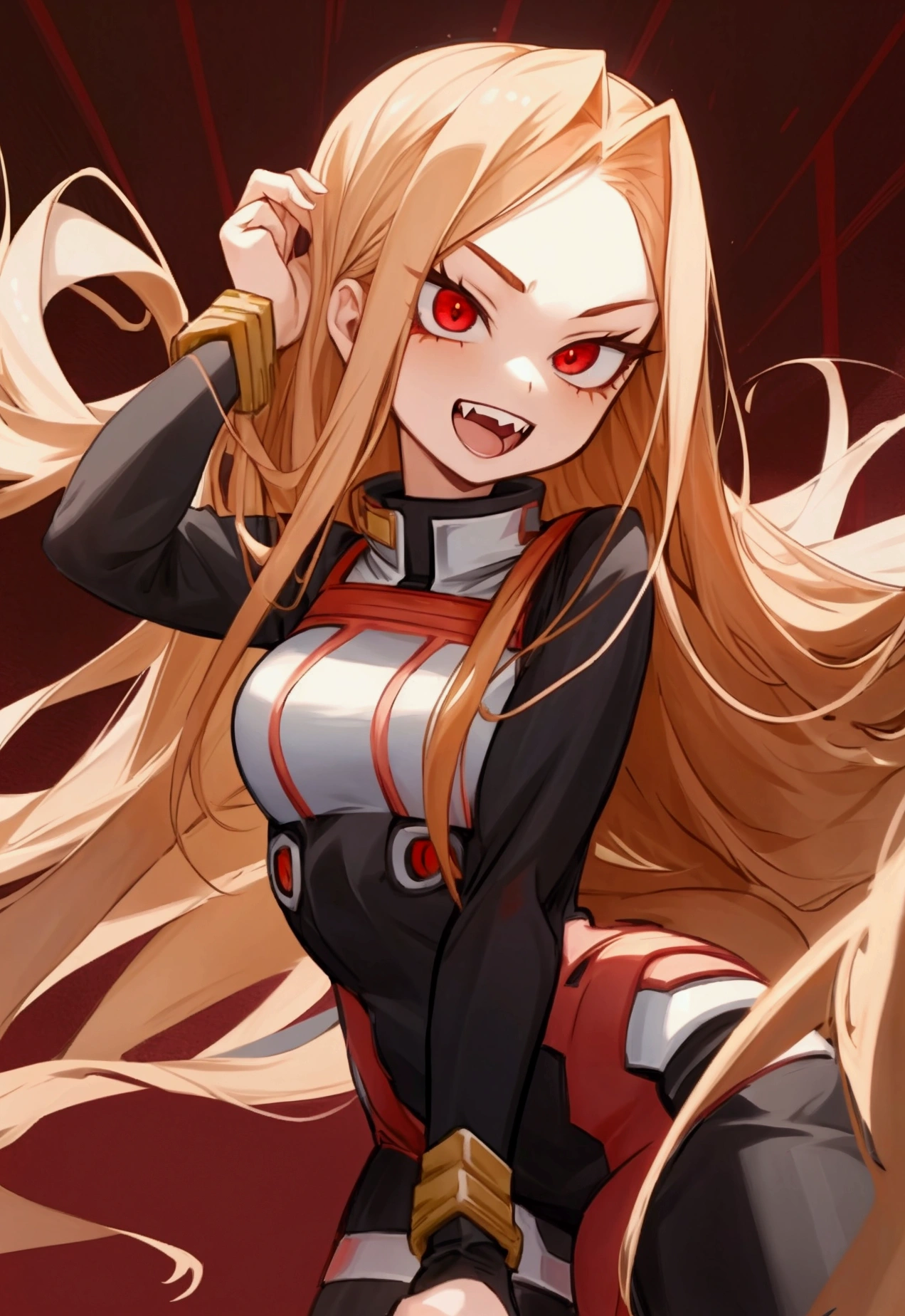 girl, long straight caramel hair, red eyes, hero outfit, has fangs, my hero academia girl