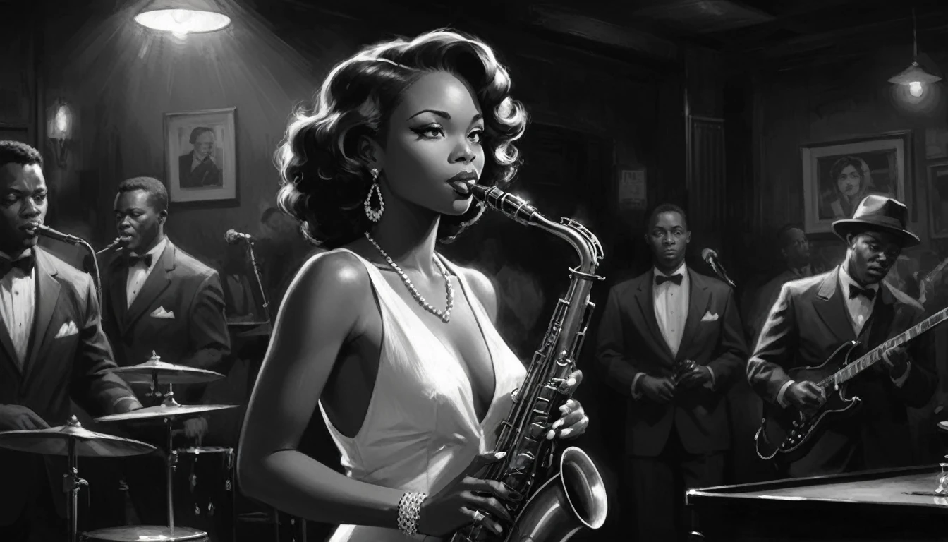 alabama bar, blue note, charismatic, baterist, guitarist, saxophonist, jazz band, bw, illustration, noir fantasy, singer lady,