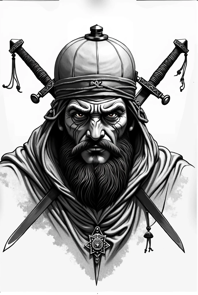 An Ottoman Janissary head with Janissary hat which is aggressive with a long scar over the whole face with 2 aliviten scherter as background with Islamic takke behind the head black and white drawn with a pen