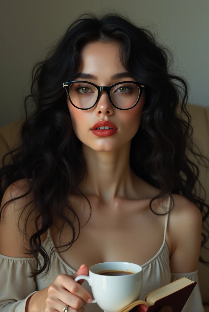 white skin woman, long hair , cacheado blackw, rounded face, Prominent cheeks,
red colored enlarged lips, lightbrown eyes, Wearing prescription glasses, blackw, holding a book and a cup of coffee
