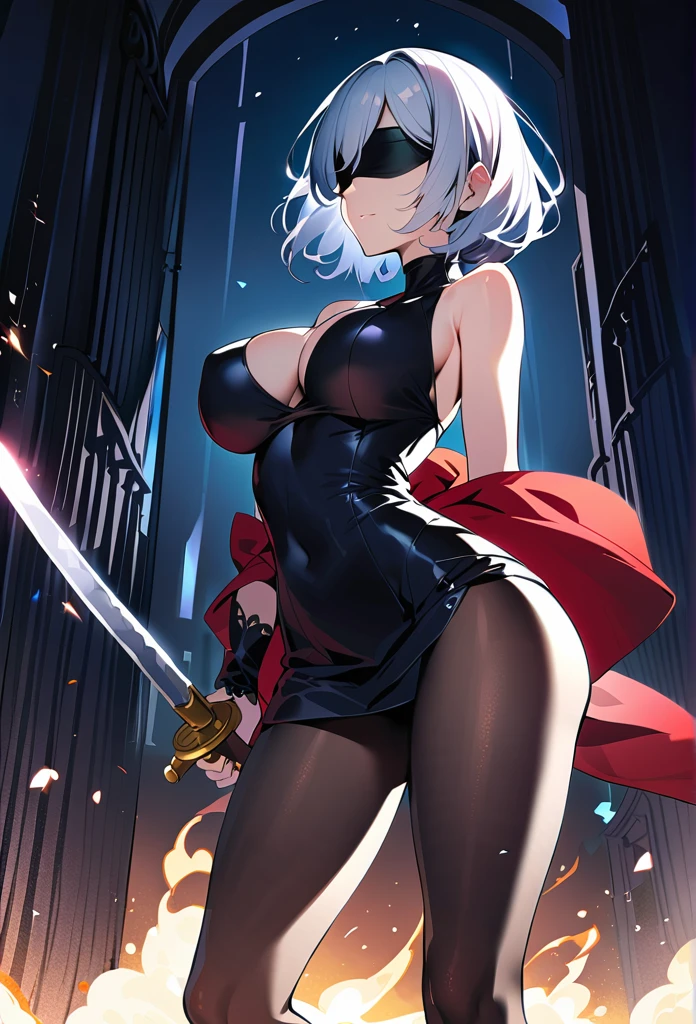 2B Nier Automata,masterpiece, 最high quality, High resolution,  Black clothes 、Black Pantyhose、Dark church at night、Wear a miniskirt、Thin legs、Big Breasts、Slim figure、high quality　CG Tone、Gray Hair、Black blindfold、Short Bob、stylish、Japanese sword、Clothes get torn