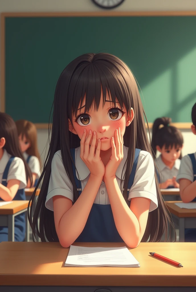 An illustration of a girl at school sitting at her desk nervous because she has an exam