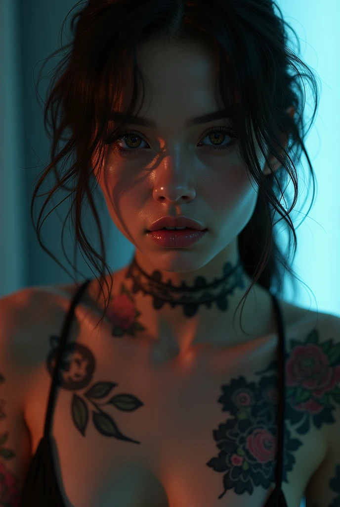 Photo selfie erotique, hyperealistic, tattoo chest , cyberezlistic, selfie