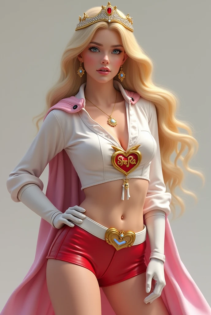 A SEXY LARGE BREASTED YOUNG BLONDE TEEN FEMALE WITH BLUE EYES WEARING A WHITE V SHE-RA BLOUSE WITH A SHE-RA EMBLEM ON THE HER CHEST, SHE-RA TIARA, A PAIR OF RED LEATHER SHORTS WITH A WHITE LEATHER BELT, TALL WHITE HEELED BOOTS, AND A LONG PINK CAPE. PHOTO REALISTIC, HYPER DETAILED AND TEXTURES