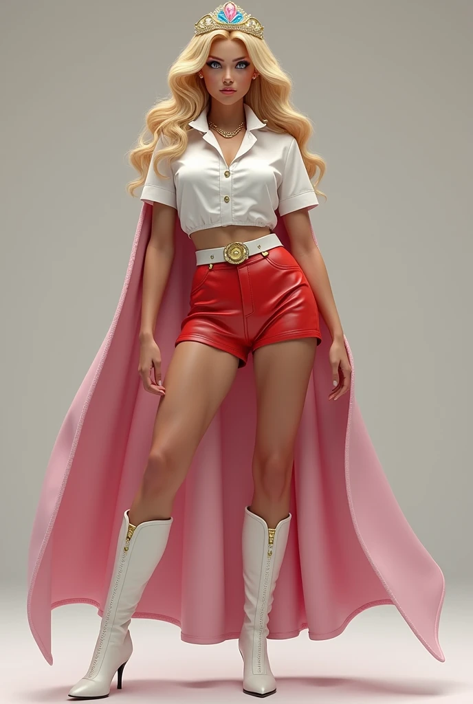 A SEXY LARGE BREASTED YOUNG BLONDE TEEN FEMALE WITH BLUE EYES WEARING A WHITE V SHE-RA BLOUSE WITH A SHE-RA EMBLEM ON THE HER CHEST, SHE-RA TIARA, A PAIR OF RED LEATHER SHORTS WITH A WHITE LEATHER BELT, TALL WHITE HEELED BOOTS, AND A LONG PINK CAPE. PHOTO REALISTIC, HYPER DETAILED AND TEXTURES