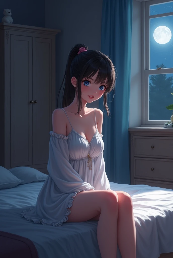 Skinny girl, thin, slim, pink bedroom, single bed, wardrobe, drawers, lamp, late evening, window, looking at camera, blue eyes, small, cute, sweet, nighttime, night, moonlight, realistic, nighttime, sat on edge of bed, smiling, smile, evil, naughty, seductive, brunette, camera looking down, looking up at camera, pale skin, very pale, 18, smiling, smile, mouth closed, cheek dimples, European, ponytail, dressing gown
