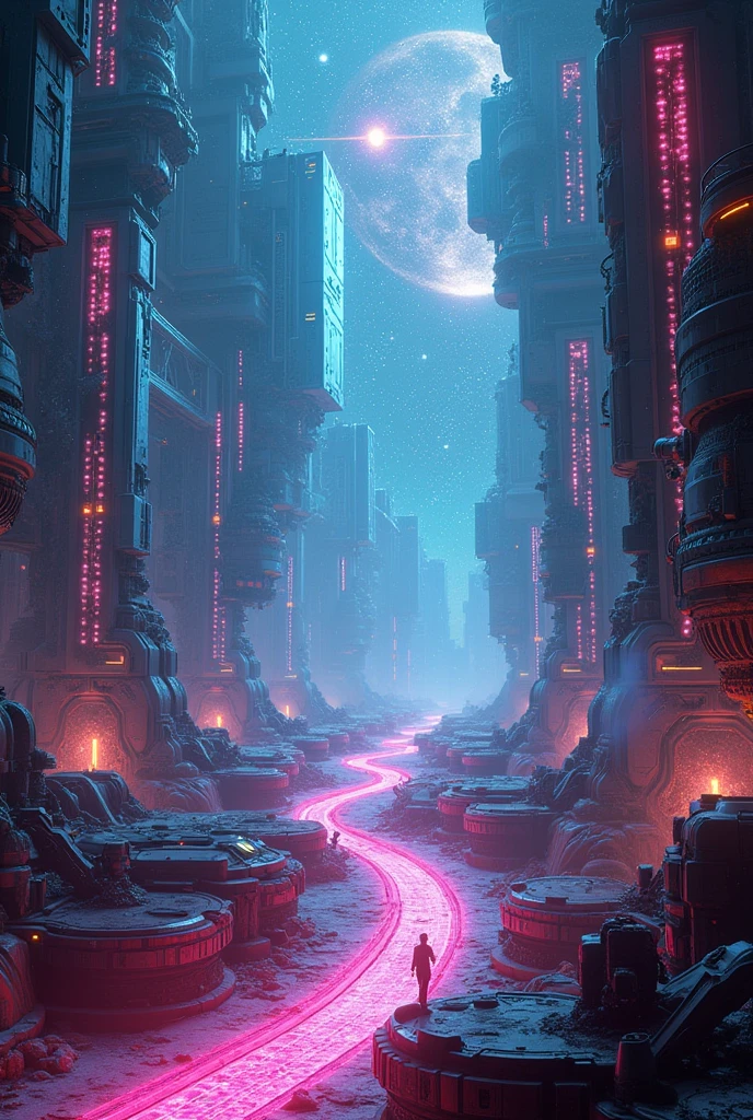 a technological maze in the universe, futuristic sci-fi landscape, ethereal energy fields, glowing neon structures, intricate machinery, floating platforms, complex circuitry, holographic displays, dynamic lighting effects, cinematic camera angle, digital art, 8k, high quality, photorealistic, intricate details, stunning visuals, vibrant colors, dramatic lighting, seamless composition