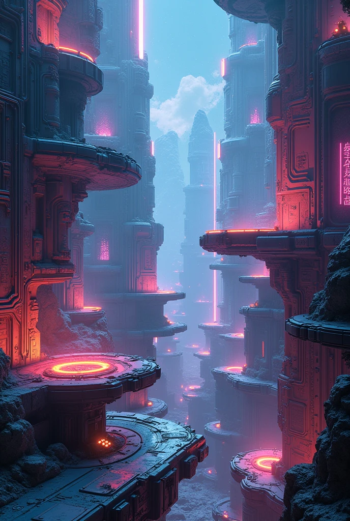 a technological maze in the universe, futuristic sci-fi landscape, ethereal energy fields, glowing neon structures, intricate machinery, floating platforms, complex circuitry, holographic displays, dynamic lighting effects, cinematic camera angle, digital art, 8k, high quality, photorealistic, intricate details, stunning visuals, vibrant colors, dramatic lighting, seamless composition