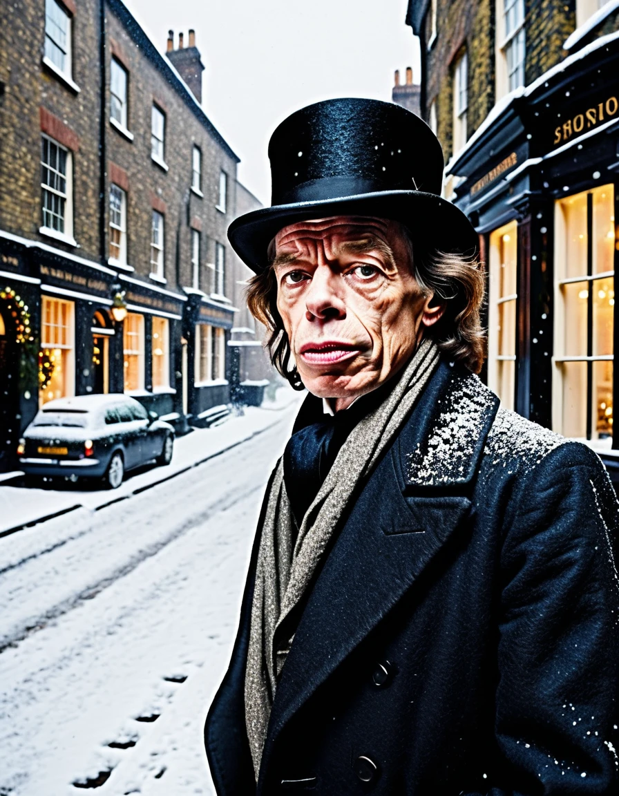 cinematic closeup portrait photo, christmas of Mick Jagger. as Bob Cratchit (wearing lower class Dickensian clothes, dark coat, wool scarf, bald with top hat, pants:1.2), in 1840's Victorian London street, falling snow, (at dawn:1.15), portrait lighting, realistic, detailed face, 8k, UHD color RAW photo, detail, (Fujifilm X-S10 Mirrorless Camera, Æ/8,  ISO 102400, 100mm lens) (sharp focus:1.15) 