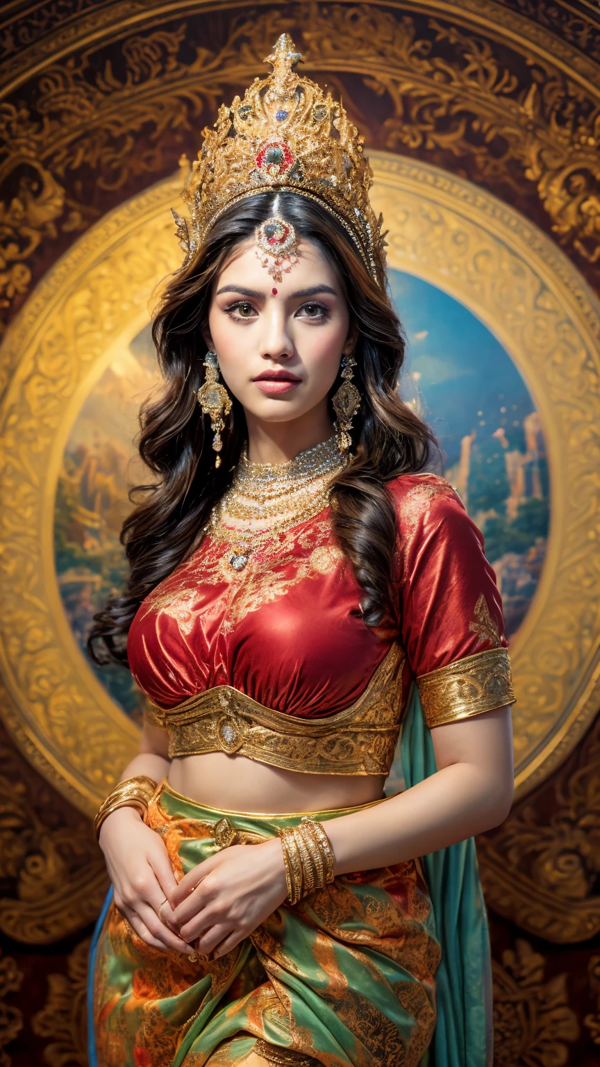((Best quality, 8k, Masterpiece :1.3)), Sharp focus :1.2, Generate a realistic image of a beautiful sexy Indian woman plus size body: 8.5 (masterpiece like a princess) (body like divine girl) dressed divine clothes light red silk short skirt and print giant plus size v neck blouse + belt, adorned with traditional ornaments, standing in a well-lit room with cinematic lighting. ((Front view, random elegant pose)), and there is a sense of grace and elegance in her posture. The background should complement the scene, enhancing the overall aesthetic appeal of the image. Photography by Brandon Woelfel, Full shot: Canon EF 16-35mm f/2.8L III USM lens on a Canon EOS 5D Mark IV camera, ultra realistic, 32k, HD