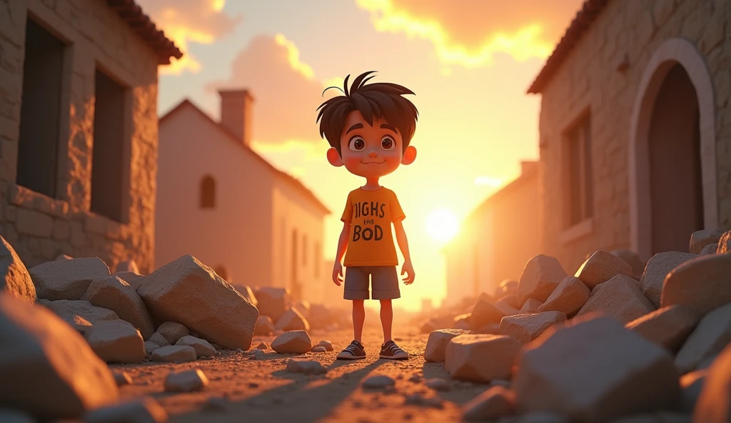 ((8k)), ((best qualityer)), ((work of art)), (detailded), After a moment of reflection, Samuel the child decides not to give up. He stands up with determination and begins to pick up the pieces of the broken pieces.. His expression now shows focus and a spark of hope.. The sun is beginning to peek through the clouds, softly illuminating the scene. The Disney Pixar 3D style conveys the contrast between the previous sadness and the new attitude of overcoming, with lighter colors and an atmosphere of renewal.