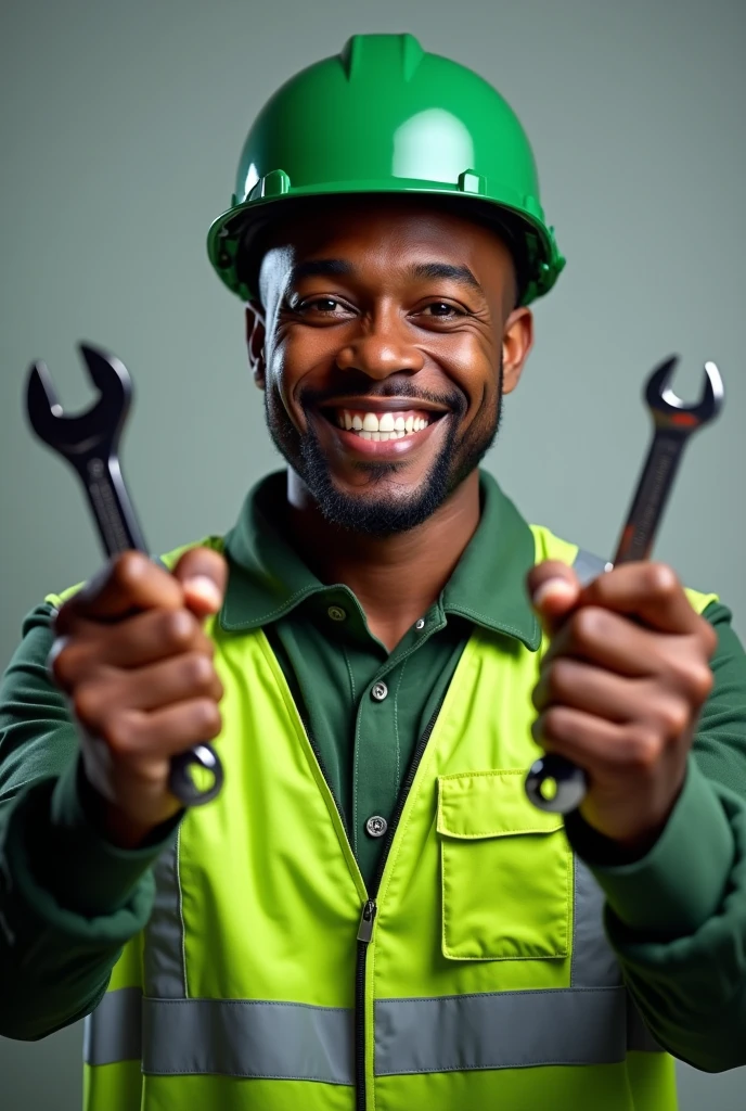 Generate three quater view of smiling african maintenance man in green reflector and green helmet with tools lifted up. Show all hands