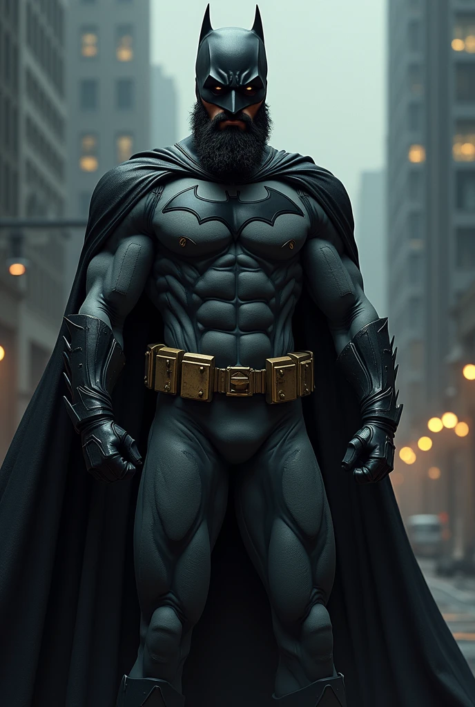 Generate me an image of a Batman, that the person is Mexican, dark-skinned, with a beard and who is young 