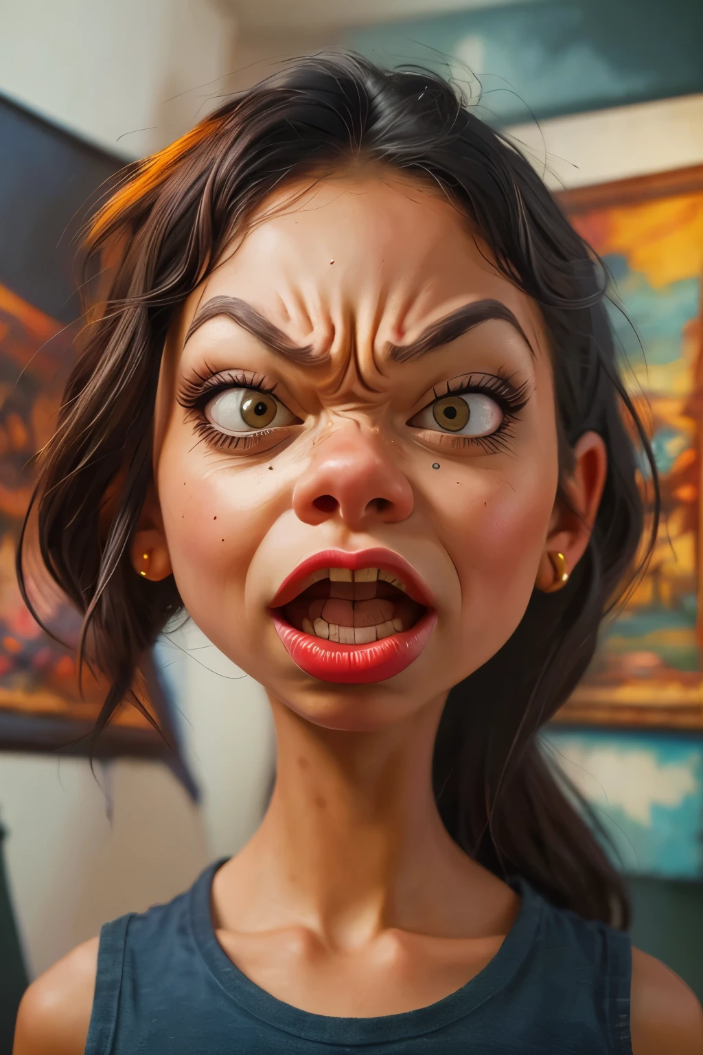 A caricature of a young girl, exaggerated angry facial expression, vivid colors, cinematic lighting, cartoon style, vibrant reds and yellows, highly detailed with exaggerated features, comic tone, dynamic pose, expressive eyes, furious expression, (masterpiece: 2), best quality, ultra highres, original, extremely detailed, perfect lighting
