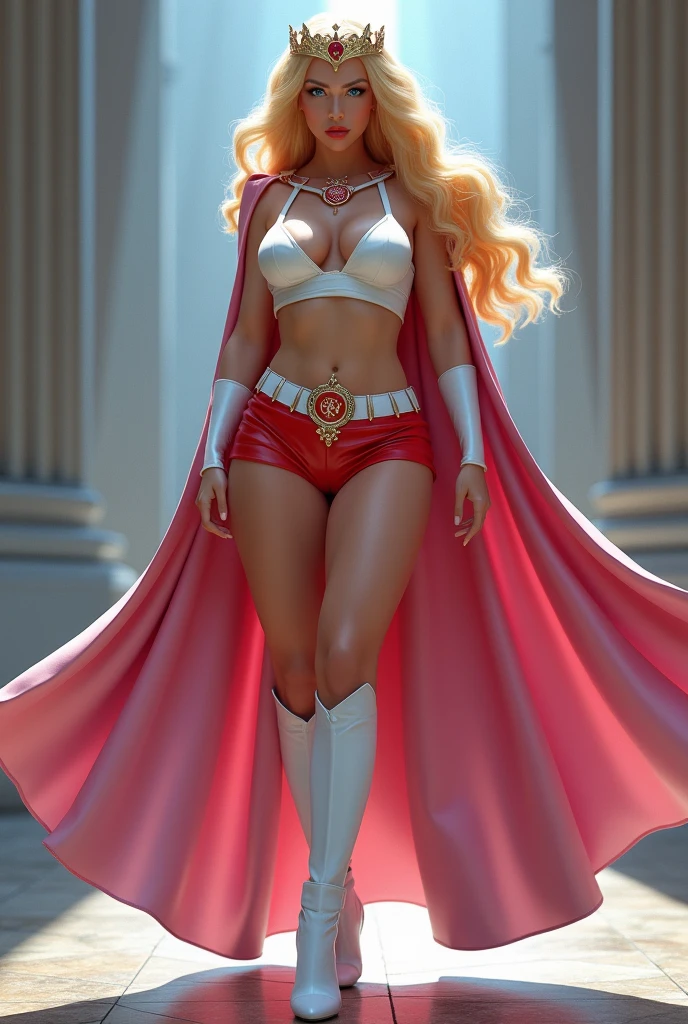 A SEXY LARGE BREASTED YOUNG BLONDE SHE RA WITH BLUE EYES WEARING A WHITE V SHE-RA BLOUSE WITH A SHE-RA EMBLEM ON THE HER CHEST, SHE-RA TIARA, A PAIR OF RED LEATHER SHORTS WITH A WHITE LEATHER BELT, TALL WHITE HEELED BOOTS, AND A LONG PINK CAPE. PHOTO REALISTIC, HYPER DETAILED AND TEXTURES
