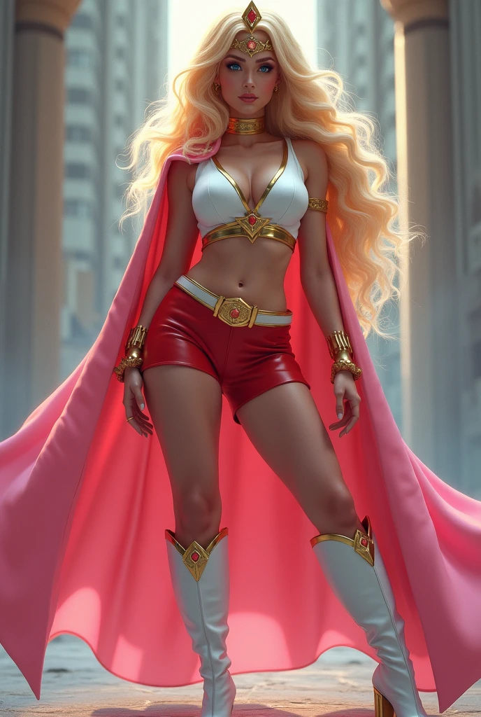 A SEXY LARGE BREASTED YOUNG BLONDE SHE RA WITH BLUE EYES WEARING A WHITE V SHE-RA BLOUSE WITH A SHE-RA EMBLEM ON THE HER CHEST, SHE-RA TIARA, A PAIR OF RED LEATHER SHORTS WITH A WHITE LEATHER BELT, TALL WHITE HEELED BOOTS, AND A LONG PINK CAPE. PHOTO REALISTIC, HYPER DETAILED AND TEXTURES