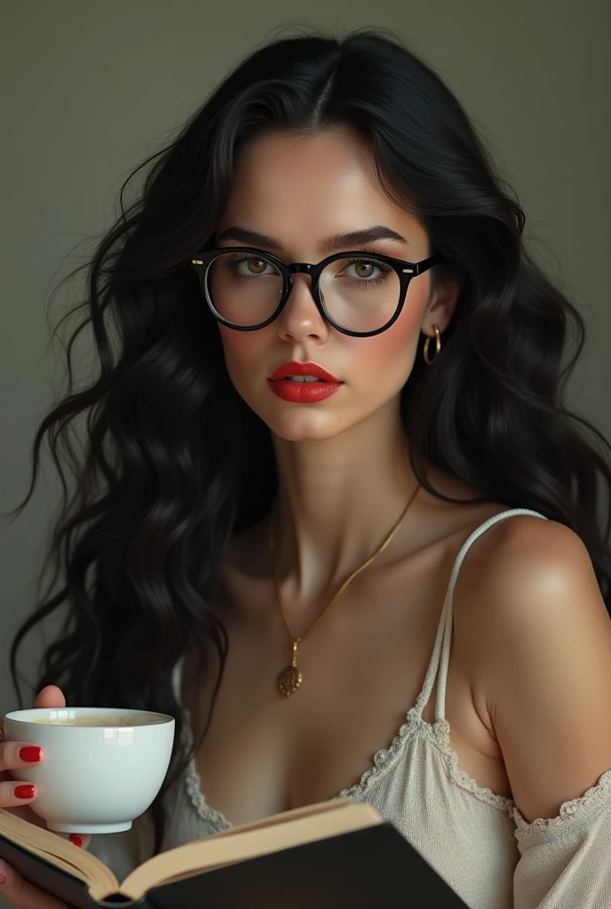 White skin woman, long hair , cacheado blackw, rounded face, Prominent cheeks,
red colored enlarged lips, lightbrown eyes, Wearing prescription glasses, blackw, holding a book and a cup of coffee