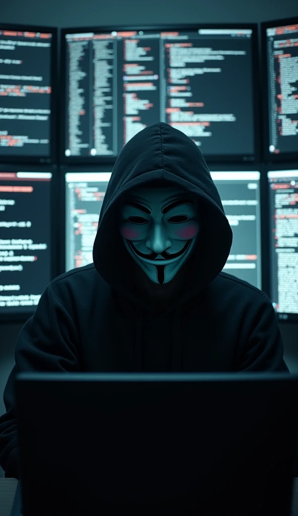 Scene 1: Mysterious Introduction (0-3 seconds)
Visual: The video begins with a close-up of the hacker's mask (Anonymous mask) in a dimly lit room. The mask is illuminated by the glow of the computer screens.
Sound: Intense, suspenseful music starts playing softly.
Text Overlay: "In the heart of the digital underworld..."
Scene 2: The Hacker's Presence (4-8 seconds)
Visual: The camera zooms out to reveal the hacker sitting in front of multiple monitors, facing the camera directly. The room is dark, with only the glow of the screens illuminating the scene.
Sound: The music intensifies slightly.
Text Overlay: "A lone figure emerges..."
Scene 3: Dramatic Interaction (9-15 seconds)
Visual: The hacker slowly raises a hand and points directly at the camera. The background screens display scrolling code and cryptic messages.
Sound: A heartbeat sound effect begins, adding to the tension.
Text Overlay: "We are Anonymous. We are legion..."
Scene 4: Power Display (16-20 seconds)
Visual: The hacker types a few keys on the keyboard, and the central monitor behind them flashes with the message "Access Granted" in bold letters.
Effect: Quick cutaways to the screens showing successful hacks, encrypted messages, and digital graphics.
Text Overlay: "Expect us."
Scene 5: Call to Action (21-25 seconds)
Visual: The camera focuses back on the hacker's mask. The hacker leans in slightly, making the moment more personal and intense.
Text Overlay: "Join the revolution. Follow for more."
Ending (26-30 seconds)
Visual: Fade out to a dark screen with the hacker's logo or username displayed prominently.
Sound: The music fades out with an echoing effect.