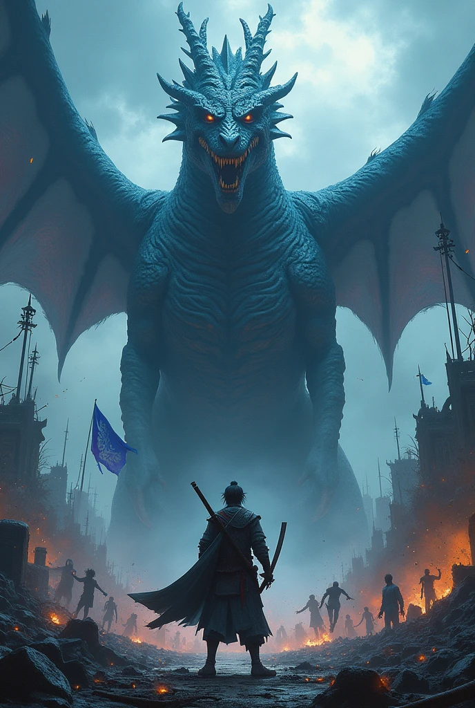Zamuari, dragon, Apocalypse, tramp, bloody, infantry ,name Denub,dark sky, zombies,blue dragon flag,fire.