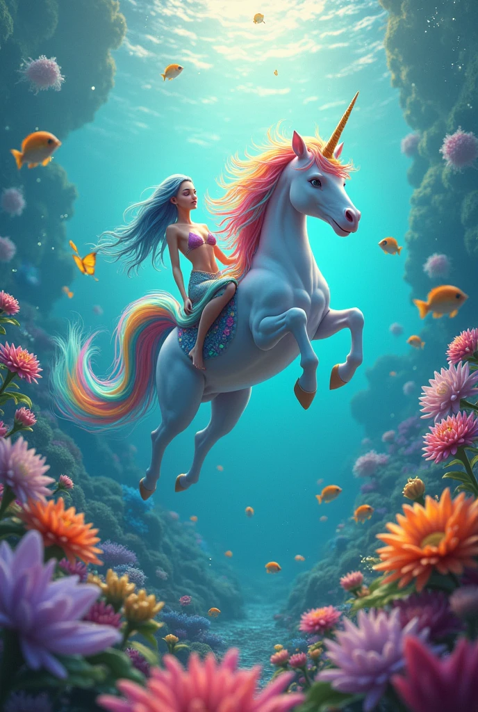 Unicorn with rainbow hair riding a flashy dolphin with lots of rainbows and butterflies and fish and mermaids and lots of flowers
