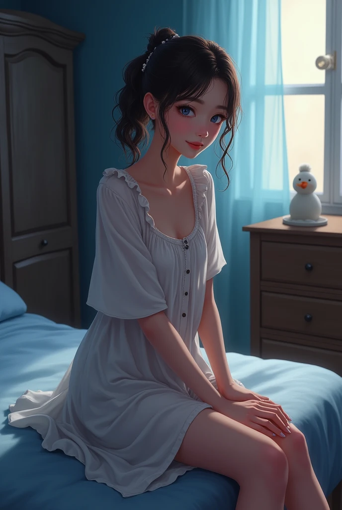 Skinny girl, thin, slim, pink bedroom, single bed, wardrobe, drawers, lamp, late evening, window, looking at camera, blue eyes, small, cute, sweet, nighttime, night, moonlight, realistic, nighttime, sat on edge of bed, smiling, smile, evil, naughty, seductive, brunette, camera looking down, looking up at camera, pale skin, very pale, 18, smiling, smile, mouth closed, cheek dimples, European, ponytail, dressing gown