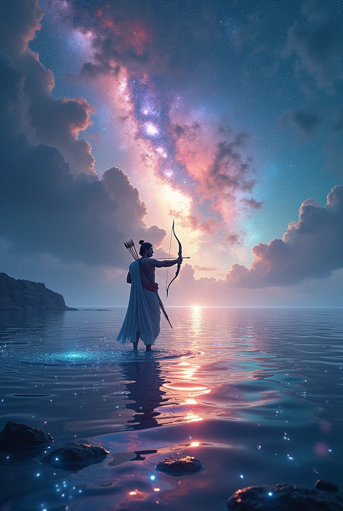 a breathtaking fantasy seascape, a sea of stars, stars liquified and forming the ocean, dazzling luminescent stardust, holographic mirror-like reflections, transparent rainbow-colored iridescent coating, multiple exposures layered, gentle ocean waves, dramatic lighting and staging, surreal and aesthetically stunning, shimmering and sparkling effects of lord Ram is there with an archer and shooting arrows front face