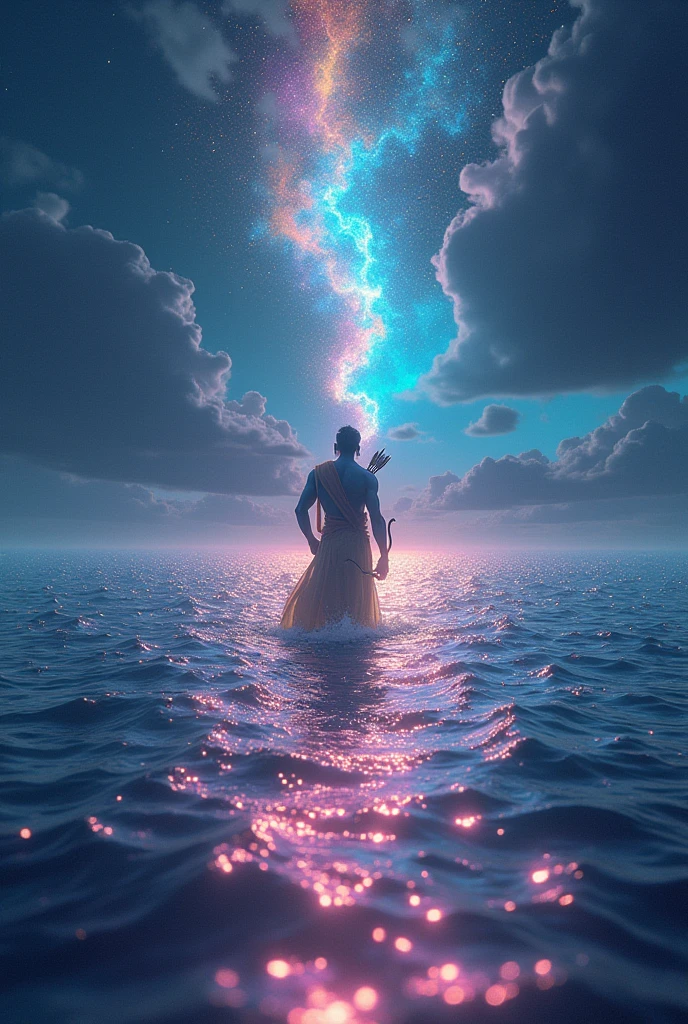 a breathtaking fantasy seascape, a sea of stars, stars liquified and forming the ocean, dazzling luminescent stardust, holographic mirror-like reflections, transparent rainbow-colored iridescent coating, multiple exposures layered, gentle ocean waves, dramatic lighting and staging, surreal and aesthetically stunning, shimmering and sparkling effects of lord Ram is there with an archer and shooting arrows front face