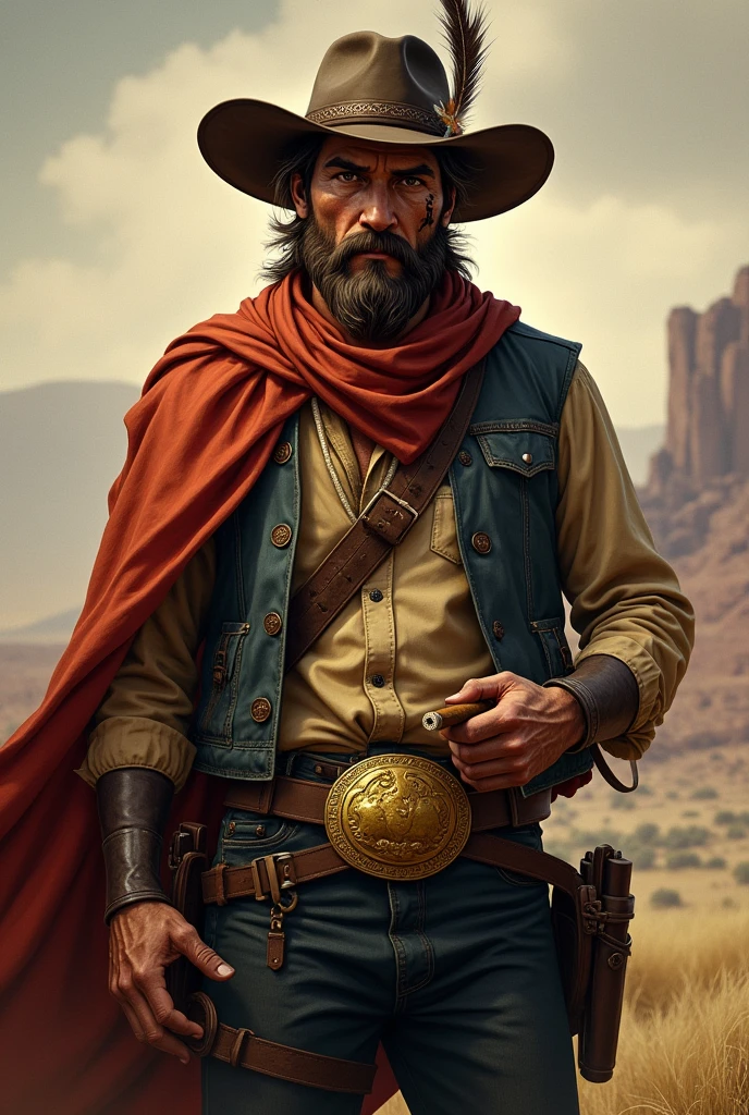 He has combed brown hair and a somewhat long, unkempt beard. His eyes are brown. Use John Marston from Red Dead Redemption as a reference. A large gold buckle adorns his waist. He wears a hat with a feather. He also has a scar on his face. He is American, with a strong sense of brotherhood, and is always seen smoking. I would like the art in a fantasy RPG style, in the old west.