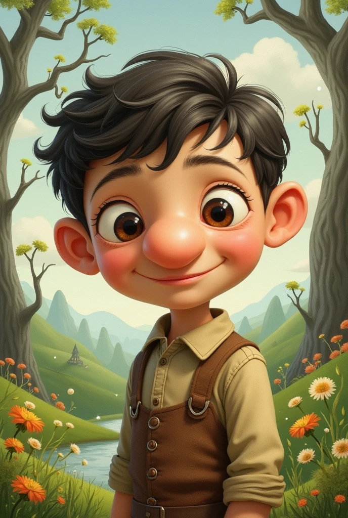 Create a human boy with a big nose, fable style