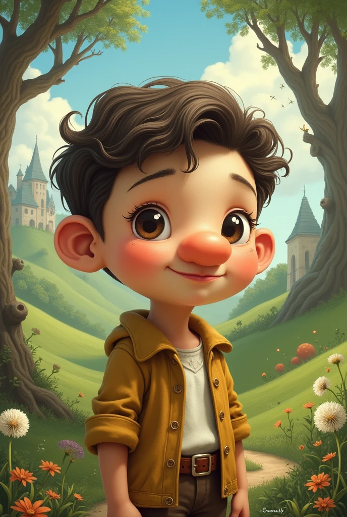 Create a human boy with a big nose, fable style