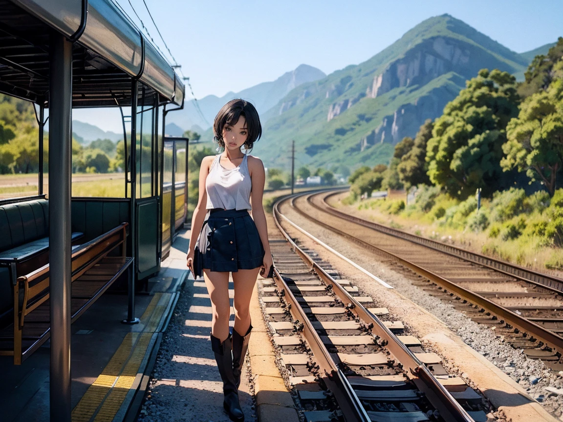 There is a beautiful 1girl standing on the train tracks, train signals, landscape artwork, anime background art, loepfe art, detailed scenery, landscape art detailed, loepfe art style, beautiful anime landscape, made with anime painter studio, background artwork, anime country landscape, beautiful art UHD 4 K, anime art wallpaper 8 K, anime landscape, smiling at camera, tank top, mini skirt, boots,very busty