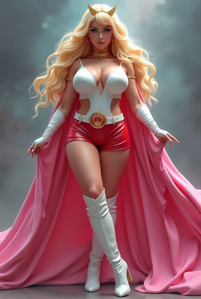 A SEXY LARGE BREASTED YOUNG BLONDE SHE RA WITH BLUE EYES WEARING A WHITE V SHE-RA BLOUSE WITH A SHE-RA EMBLEM ON THE HER CHEST, SHE-RA TIARA, A PAIR OF RED LEATHER SHORTS WITH A WHITE LEATHER BELT, TALL WHITE HEELED BOOTS, AND A LONG PINK CAPE. PHOTO REALISTIC, HYPER DETAILED AND TEXTURES