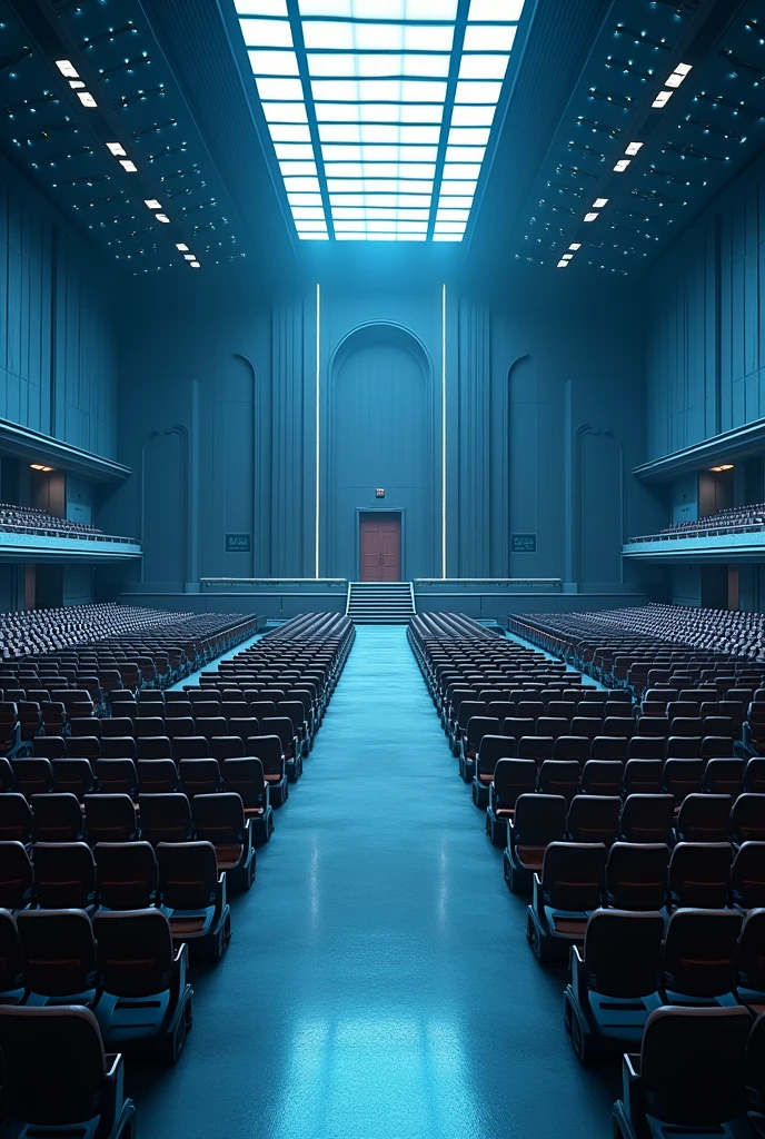 A very huge and wide rectangualar meeting hall, with many rows and Columns of chairs devided with 4 walk ways,blue and white light in the building,ceiling with many spot lights, A wide Huge door at a far end, and two little doors in the opposite corners