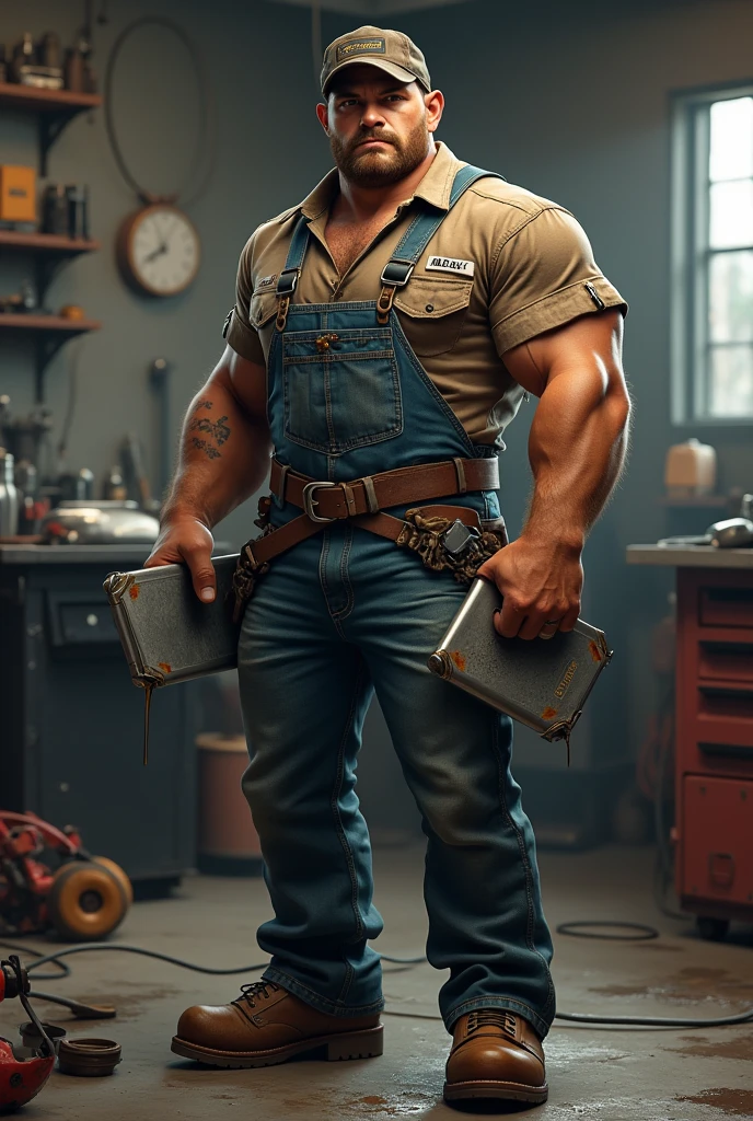 He is a 2 tablet-wielding auto mechanic with a strong, muscular build and slightly greasy, tousled short hair. They wear a well-worn hat, durable work shirt with rolled-up sleeves, grease-stained overalls and heavy-duty work boots. Their hands are often smeared with oil, and they have a custom engraved key in their back pocket. Their sharp eyes and confident demeanor reflect their deep knowledge and passion for cars. Like a real image
