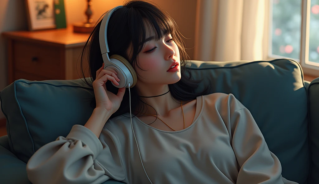 There is a woman sitting on a sofa wearing headphones, a photorealistic painting inspired by Ayami Kojima, Trend of CGsociety, Digital art, realistic art style, with headphone, photorealistic art style, Casual pose, photo-realistic low lighting, photorealistic anime girl rendering, photorealistic 35mm, with headphone, realistic soft lighting