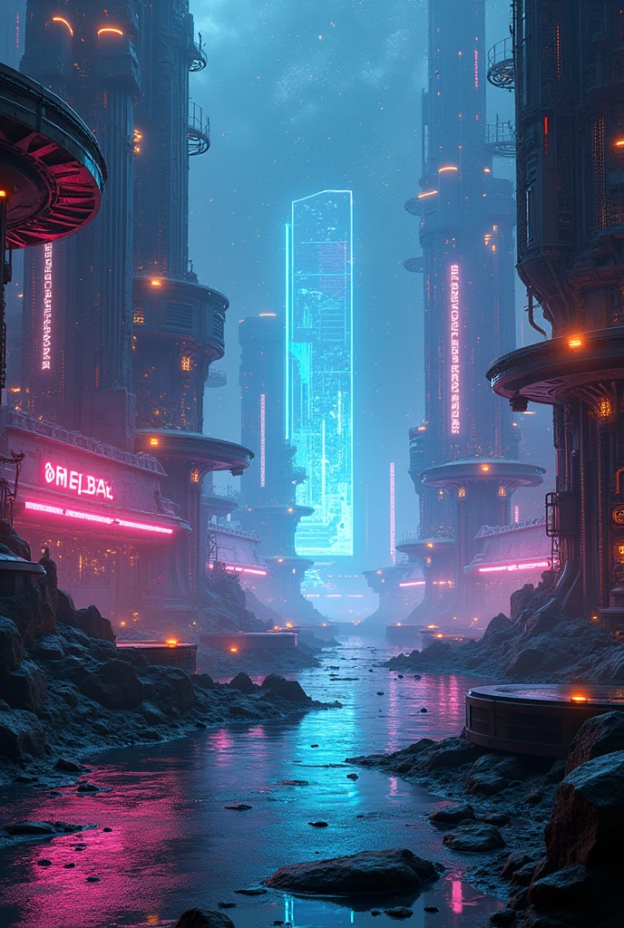 a technological maze in the universe, futuristic sci-fi landscape, ethereal energy fields, glowing neon structures, intricate machinery, floating platforms, complex circuitry, holographic displays, dynamic lighting effects, cinematic camera angle, digital art, 8k, high quality, photorealistic, intricate details, stunning visuals, vibrant colors, dramatic lighting, seamless composition