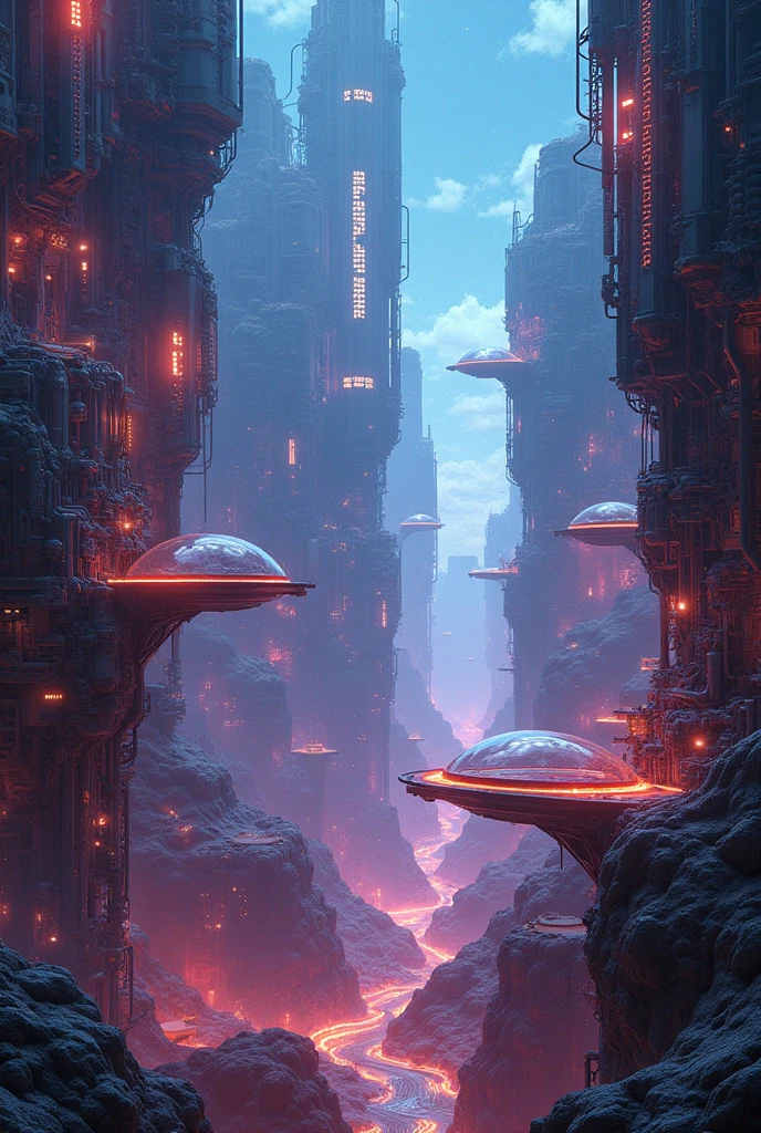 a technological maze in the universe, futuristic sci-fi landscape, ethereal energy fields, glowing neon structures, intricate machinery, floating platforms, complex circuitry, holographic displays, dynamic lighting effects, cinematic camera angle, digital art, 8k, high quality, photorealistic, intricate details, stunning visuals, vibrant colors, dramatic lighting, seamless composition