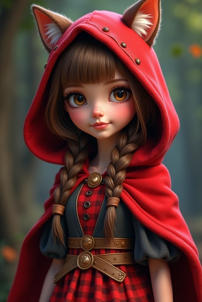 Imagem da filha da Cerise Hood e da Cedar Wood de Ever After High: You must have straight, wavy hair with brown bangs and white highlights., eyes browns, Light brown skin, big red hood, in wolf ears, red dress with gray details, with red and black checkered details on the top and red with gray on the bottom, wooden elements in clothing