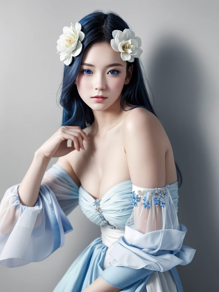 One person, Blue Dai White, Photo art, (flower), Great photos with beautiful saturation, Ultra-high resolution,(Realistic:1.4)),Deep Shadow,(Highest quality, masterpiece), Pale skin, It's dim, shade, Panicked, blush, Very detailed, skinny, Breaking Depth of Field, Film Grain, Wrinkled skin, View your viewers, knees, A gentle smile, (Upper Body), masterpiece,ultra Realistic,32K,Very detailed CG ユニティ 8k 壁紙, Highest quality、Fine skin detail