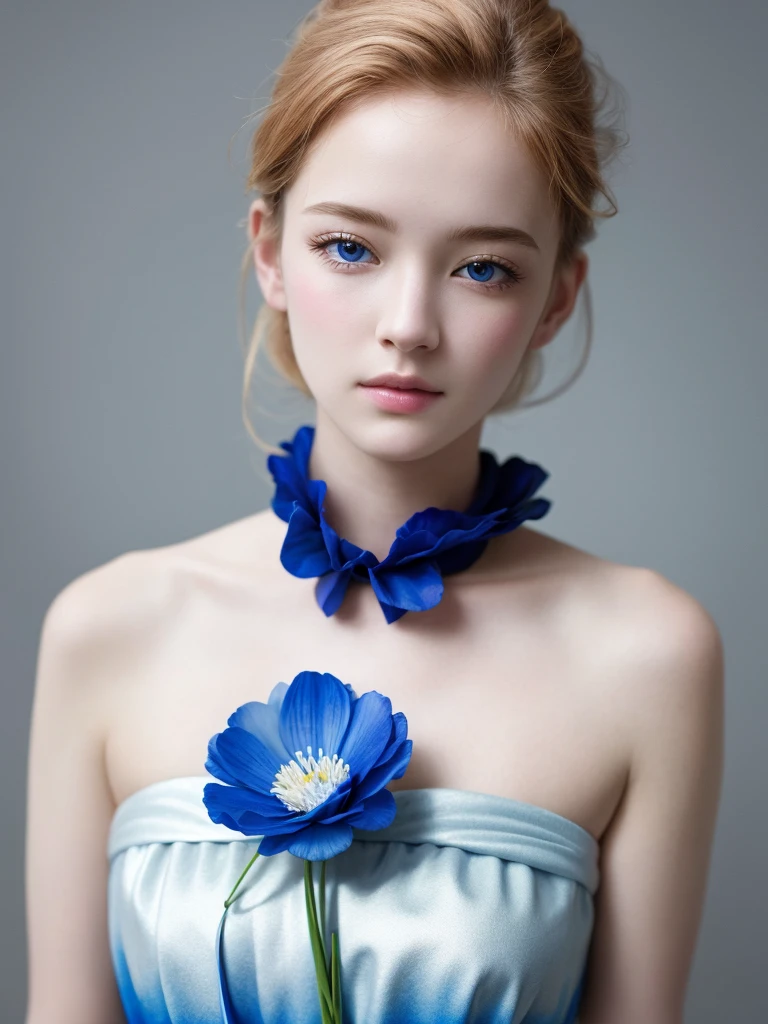 One person, Blue Dai White, Photo art, (flower), Great photos with beautiful saturation, Ultra-high resolution,(Realistic:1.4)),Deep Shadow,(Highest quality, masterpiece), Pale skin, It's dim, shade, Panicked, blush, Very detailed, skinny, Breaking Depth of Field, Film Grain, Wrinkled skin, View your viewers, knees, A gentle smile, (Upper Body), masterpiece,ultra Realistic,32K,Very detailed CG ユニティ 8k 壁紙, Highest quality、Fine skin detail