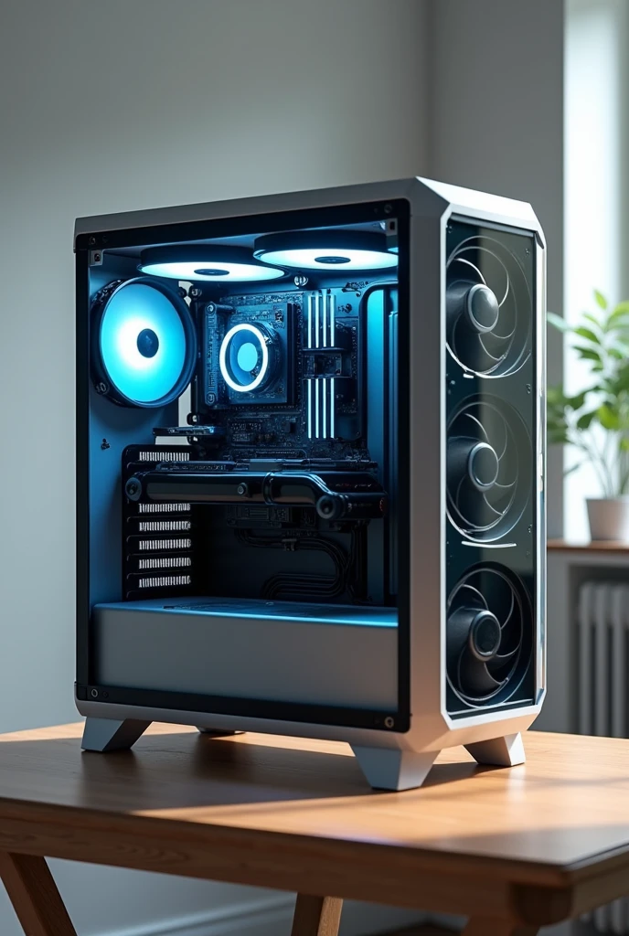 A realistic tower computer opened on the table