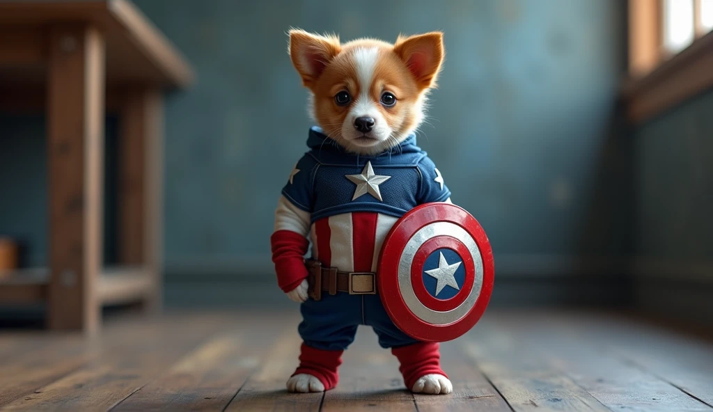 a puppy standing upright like a human hand at the side perpendicular wearing CAPTAIN AMERICA costume, full body from top to toe, facing camera, high resolution, high quality, realistic, cinematic, HD, 8k  