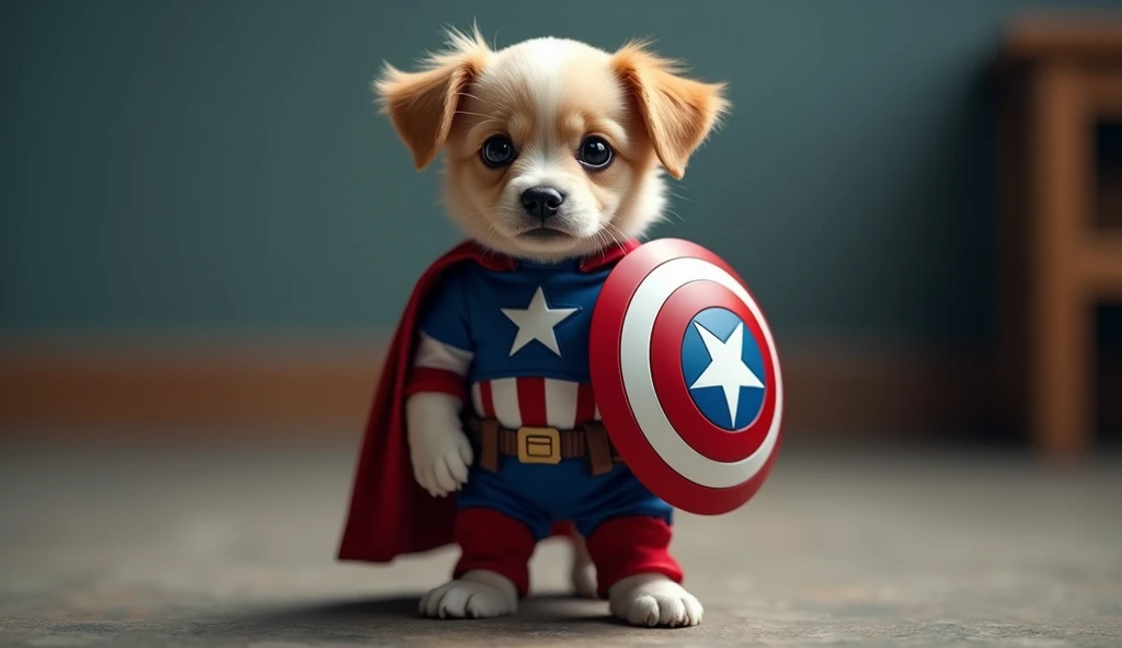 a puppy standing upright like a human hand at the side perpendicular wearing CAPTAIN AMERICA costume, full body from top to toe, facing camera, high resolution, high quality, realistic, cinematic, HD, 8k