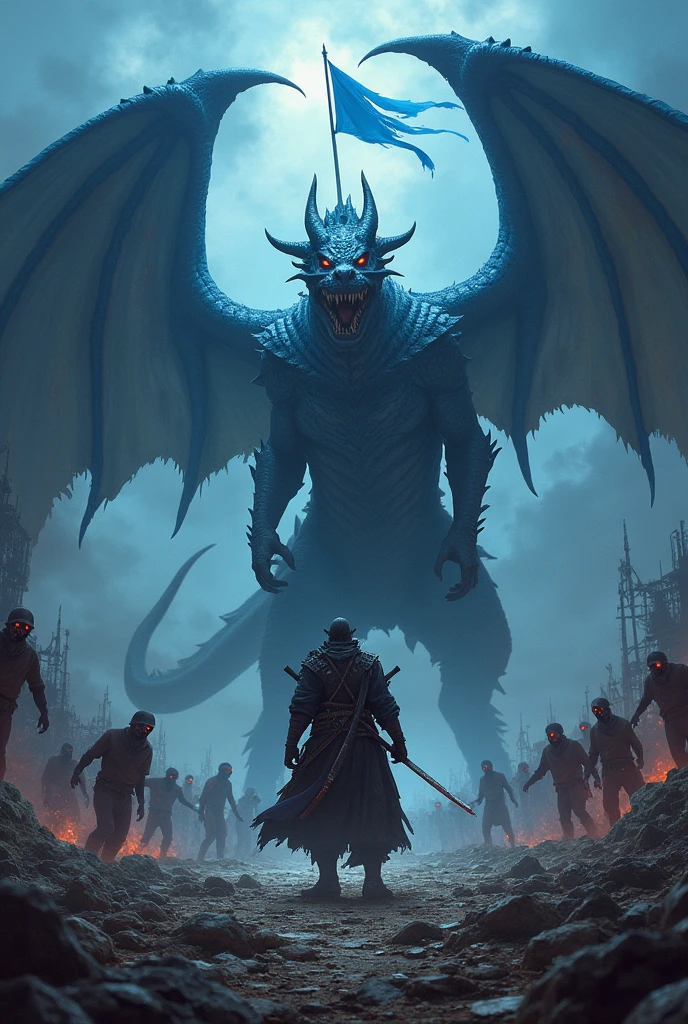 Zamuari, dragon, Apocalypse, tramp, bloody, infantry ,name Denub,dark sky, zombies,blue dragon flag,fire.