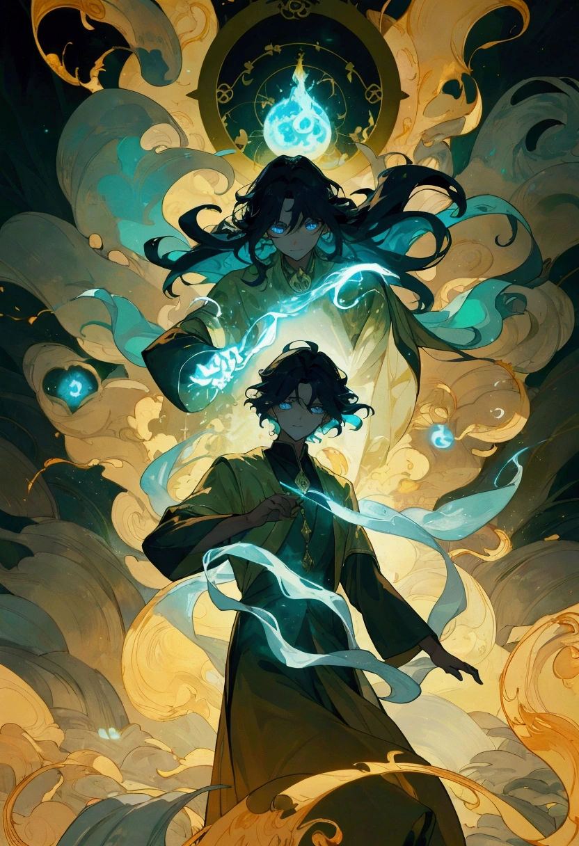 Among the ancient and overgrown forest, the essence of magic takes shape through a young man, his hair is dark, like shadows, and the eyes shine with a golden glow.. A mystical sign adorns his neck., sparkling with hidden power. in the clearing, It stands, engulfed in a cascading stream of flame, the heat of the fire is softened by otherworldly energy. When the magic fire swirls and dances, it causes a swirling dance of glowing particles, every fragment of its unearthly aura. Secret symbols materialize in the air, their radiance cast an eerie light on his intense attention. The scene exudes a sense of ancient power and hidden knowledge.., as if the forest itself is alive with long-forgotten secrets. The mood is serene and tense., where the balance of nature and magic intertwines. The illustration style conveys this mystical aura through detailed digital art.., a combination of complex lines with vibrant color palettes. --with 16:9 -- at 5
