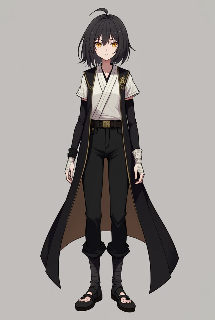 Create an anime character with medium-long hair, height of 170cm, wearing a short-sleeved kimono and underneath long black sleeves, black pants, and bandaged hands., that has golden eyes with pupils shaped like a compass