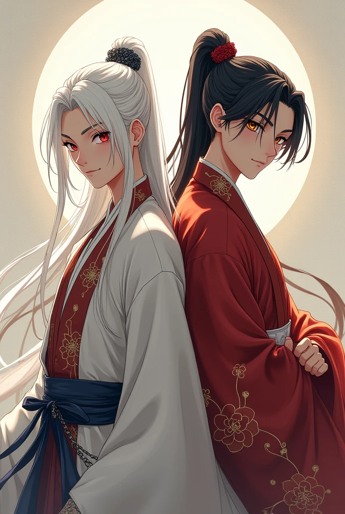 Create an image of: first, a man in his twenties, androgynous-looking, long white hair, Eyes red, slim body, wearing traditional Chinese clothing, in anime style. Segundo, a man in his twenties, manly appearance, long black hair tied in a ponytail, gold eyes, slender and fit body, wearing traditional Chinese clothing, in anime style.