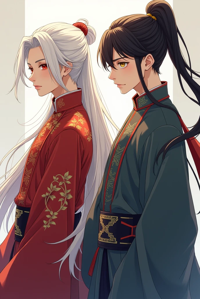 Create an image of: first, a man in his twenties, androgynous-looking, long white hair, Eyes red, slim body, wearing traditional Chinese clothing, in anime style. Segundo, a man in his twenties, manly appearance, long black hair tied in a ponytail, gold eyes, slender and fit body, wearing traditional Chinese clothing, in anime style.