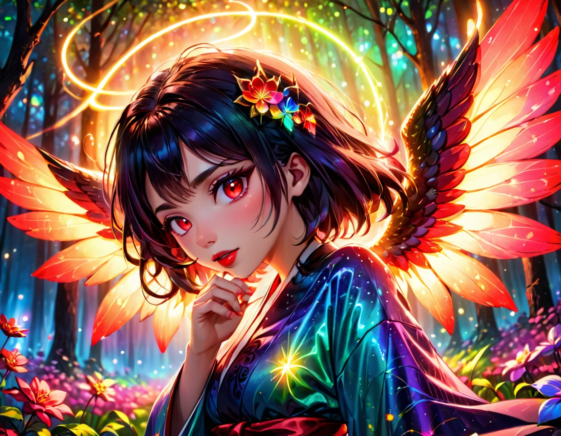 (Ethereal, fluorescent colors, neon lights, bioluminiscent skin,), aurora_borealis, vibrant colors BREAK steampunk BREAK full body, 3d render BREAK, (masterpiece), best quality, highres, 4k, 8k, cinematic lighting, amazing quality, amazing shading, soft lighting, light particles floating, eerie aura, chromatic aberration, colorful forest lights during starry night time, oily skin, dynamic angle, colorful glowing flowers, night, hair ornament, wearing kimono, flower field, 1girl, Long layers, blood-red eyes, blood-red lipstick, dark makeup, black hair, blushing face, large faerie wings, intricate detail, extremely detailed, Illustration, official artwork, anime style, wallpaper, official art, 35mm, analog style, a realistic photo, film grain, (photorealistic:0.6), taken by a canon eos r5, ultra detailed skin, ultra detailed face, perfect eyes, small skin imperfections, chromatic aberration, colorful, bright colors, magma angel