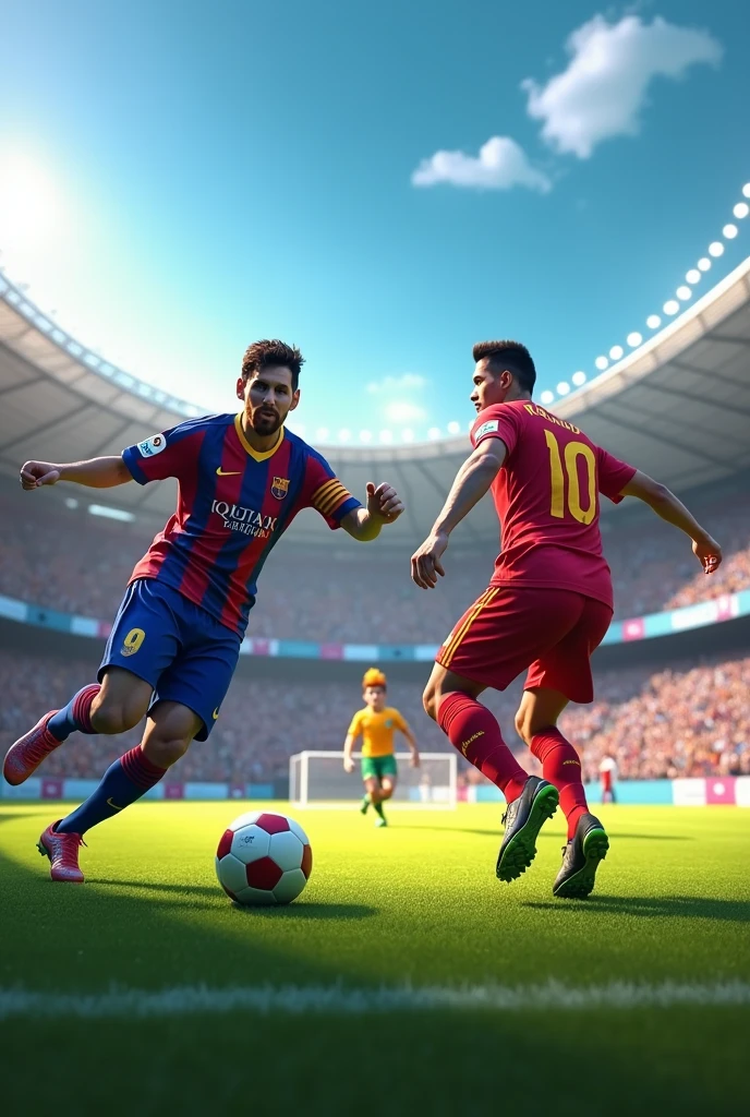 Messi giving a pass to Cristiano Ronaldo and in goal is Chavo del Ocho